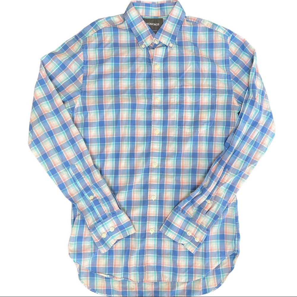 Bonobos Mens Shirt Plaid Long Sleeve Button Up Blue Pink Slim Fit Size Small